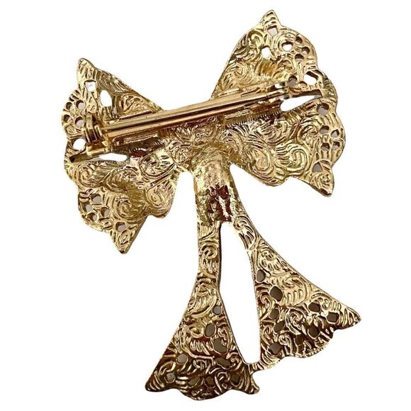 Vintage Textured Gold Tone Bow Shape with Faux Pearl/Stone Brooch Lapel - Picture 3 of 5